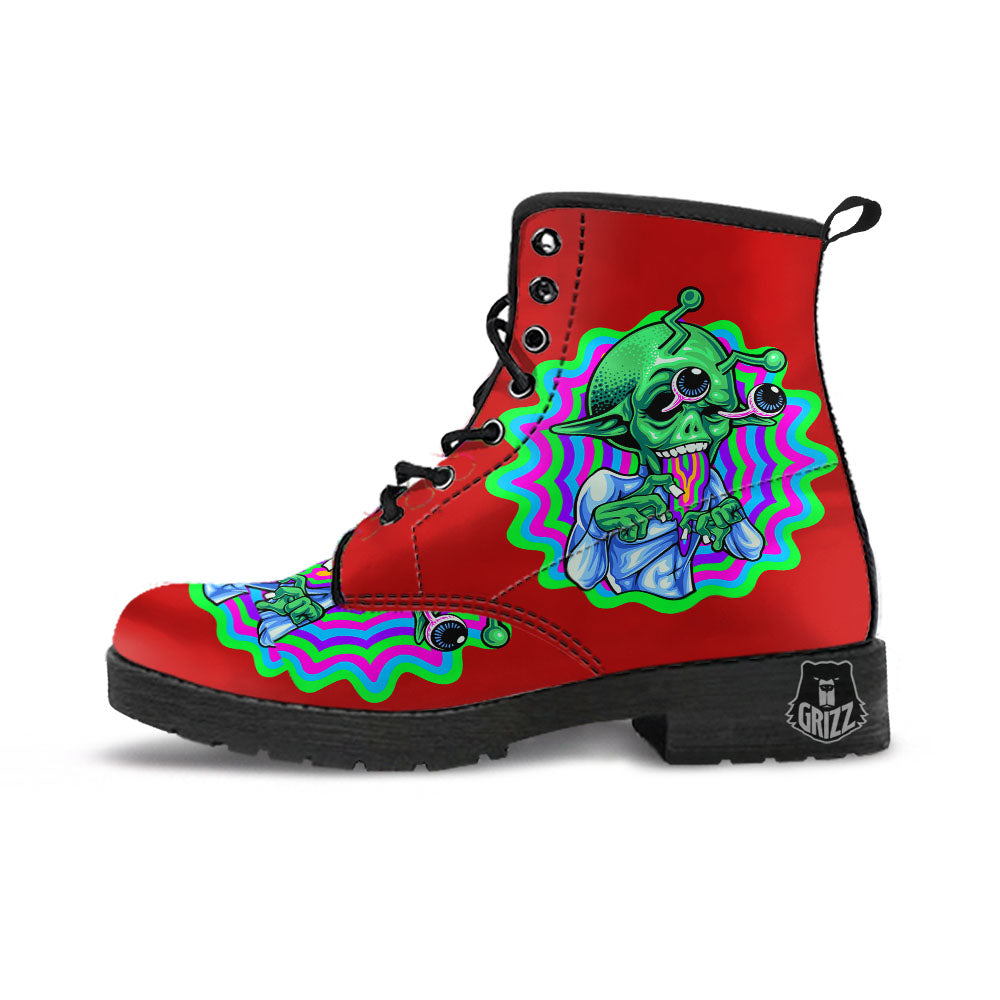 Trippy Alien Crazy Print Leather Boots-grizzshop