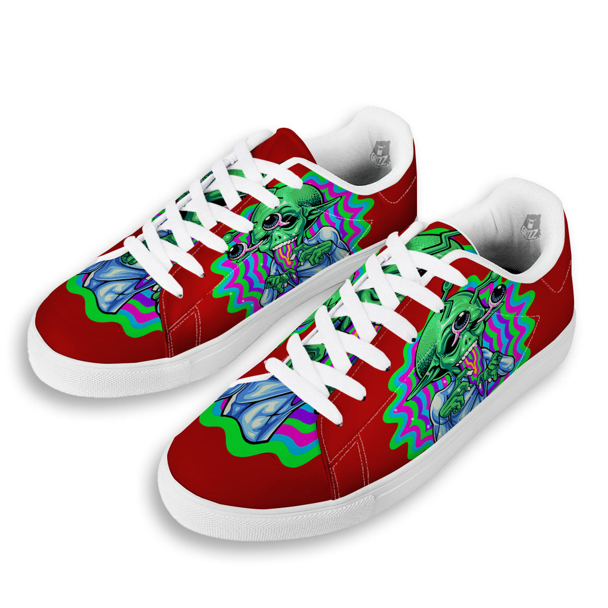 Trippy Alien Crazy Print White Low Top Sneakers-grizzshop