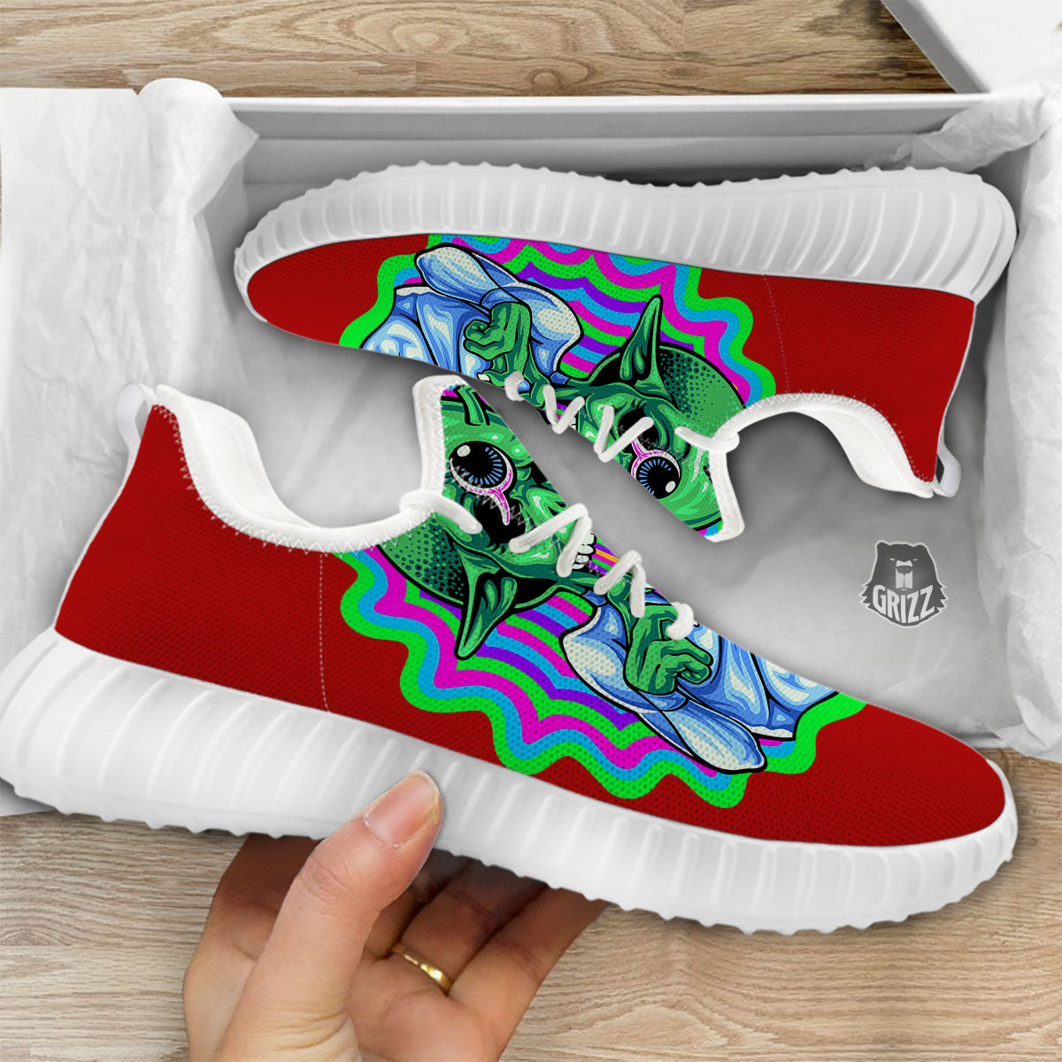 Trippy Alien Crazy Print White Walking Shoes-grizzshop