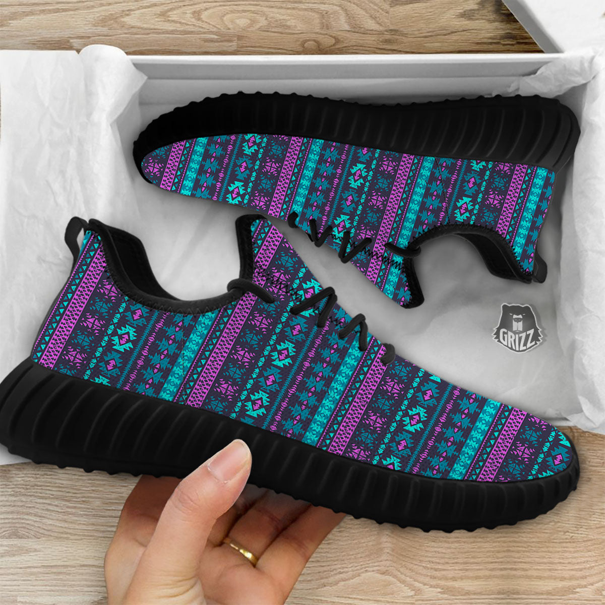 Trippy Ethnic Aztec Print Black Walking Shoes-grizzshop