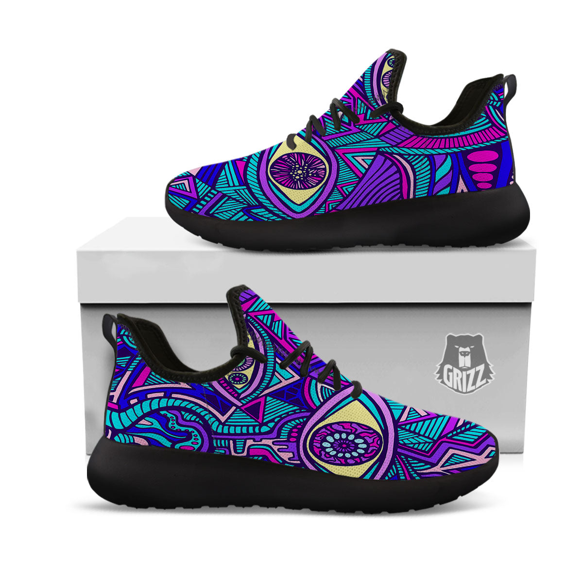 Trippy Ethnic Psychedelic Print Black Athletic Shoes-grizzshop