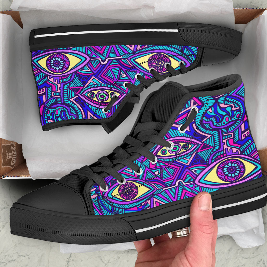 Trippy Ethnic Psychedelic Print Black High Top Shoes-grizzshop