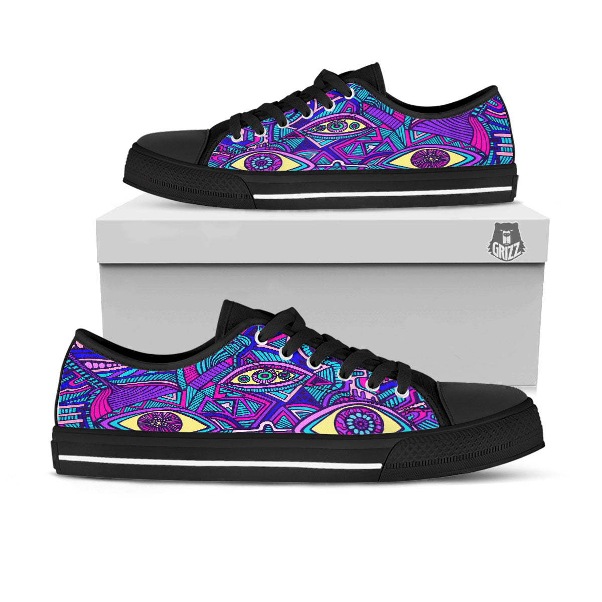 Trippy Ethnic Psychedelic Print Black Low Top Shoes-grizzshop