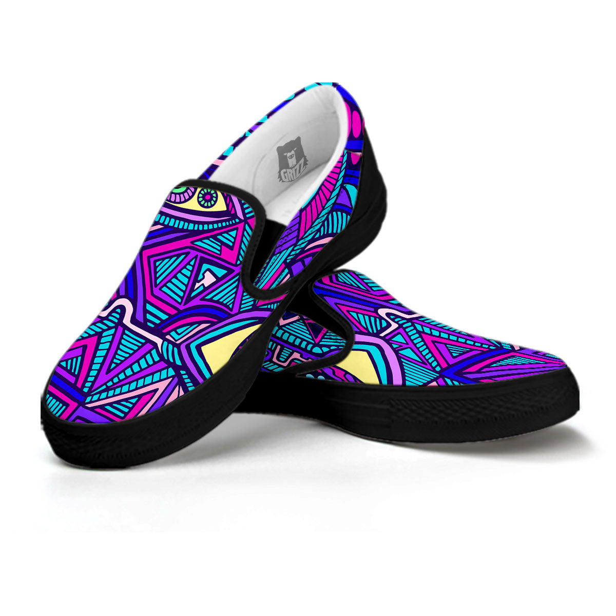 Trippy Ethnic Psychedelic Print Black Slip On Shoes-grizzshop