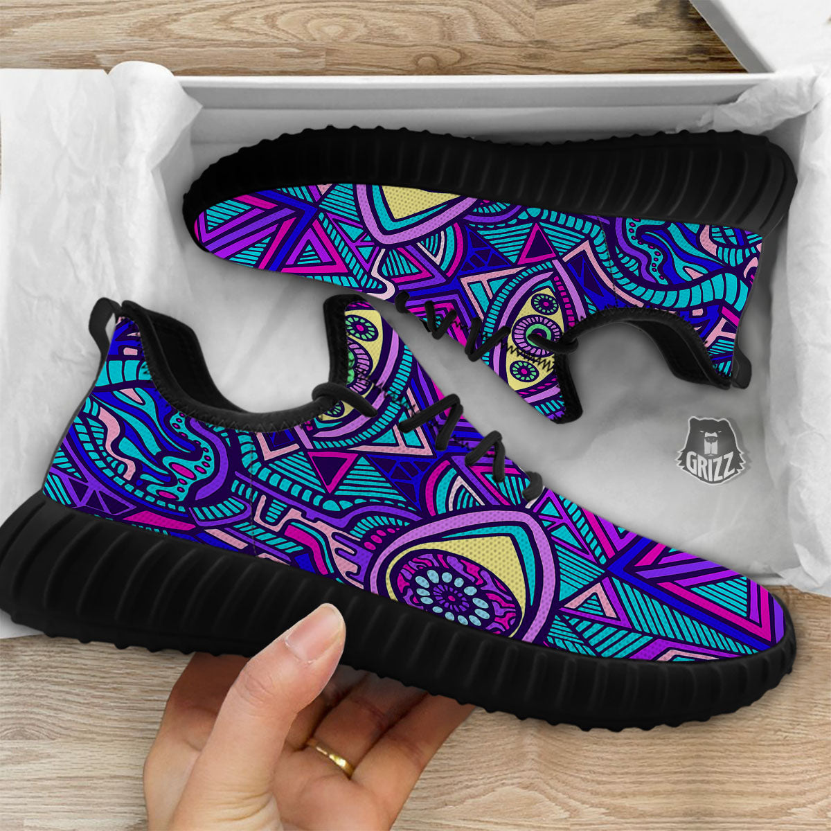 Trippy Ethnic Psychedelic Print Black Walking Shoes-grizzshop