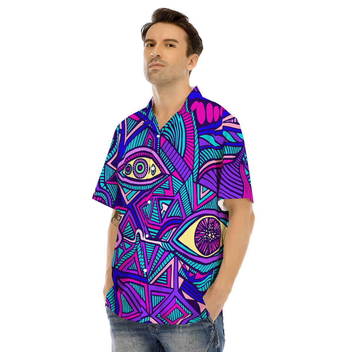 Trippy Ethnic Psychedelic Print Men's Hawaiian Shirt-grizzshop