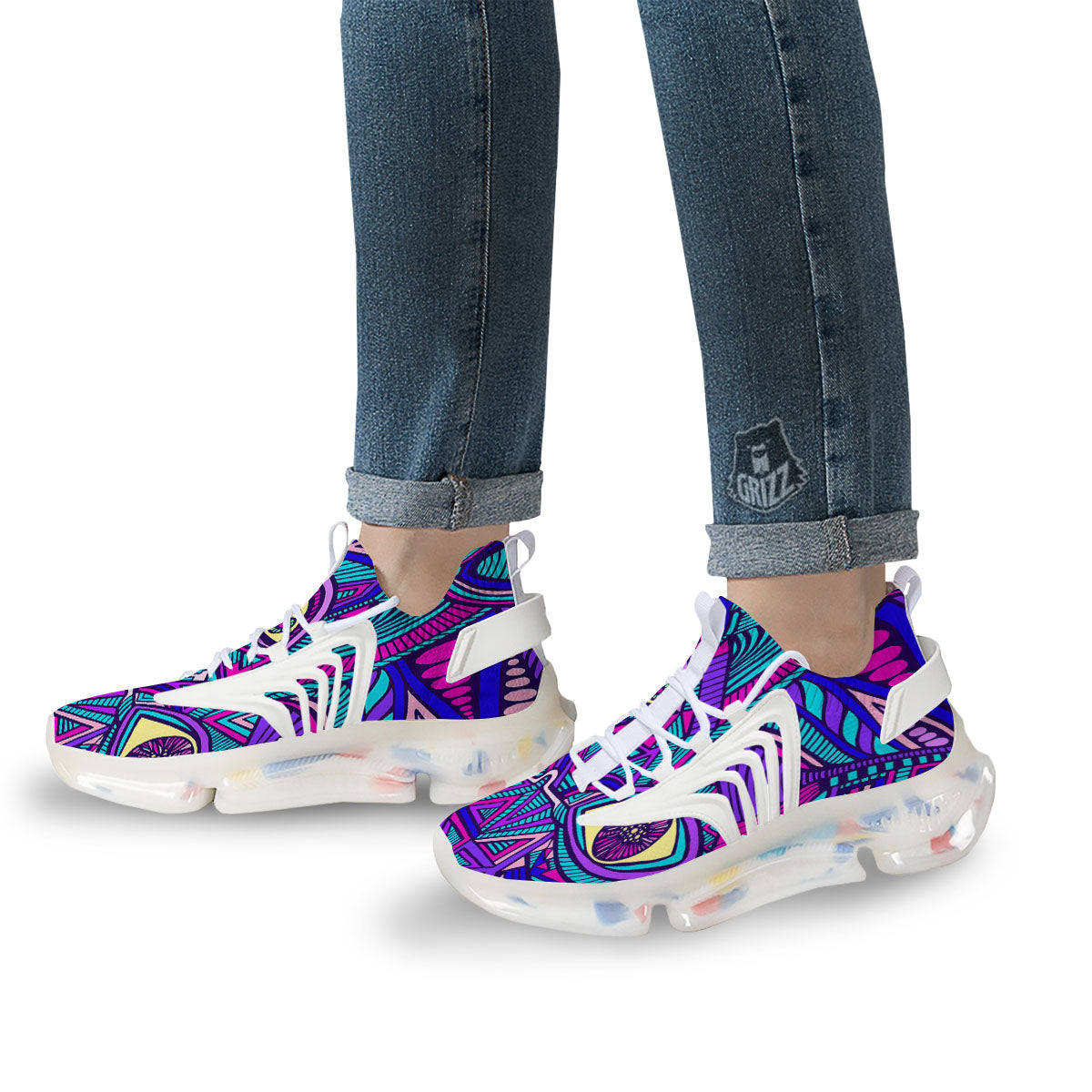 Trippy Ethnic Psychedelic Print White Gym Shoes-grizzshop