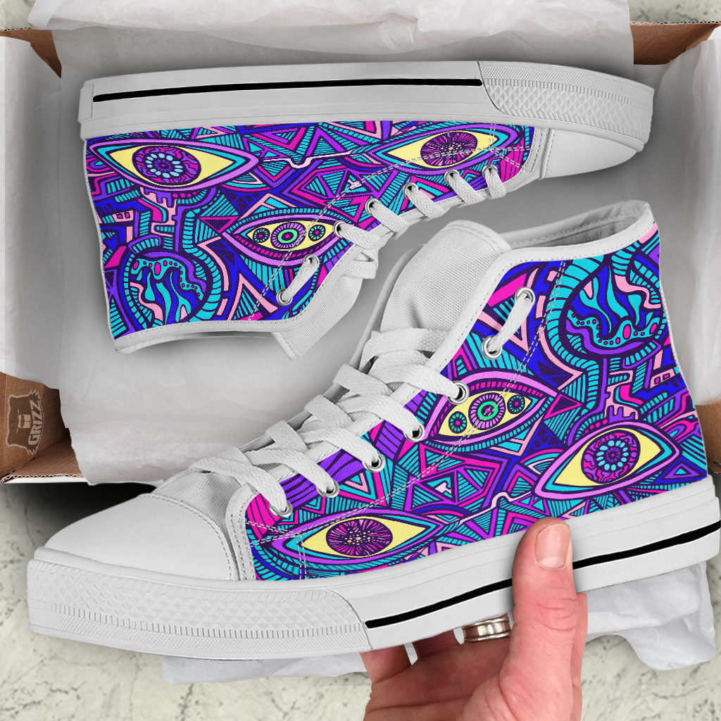 Trippy Ethnic Psychedelic Print White High Top Shoes-grizzshop