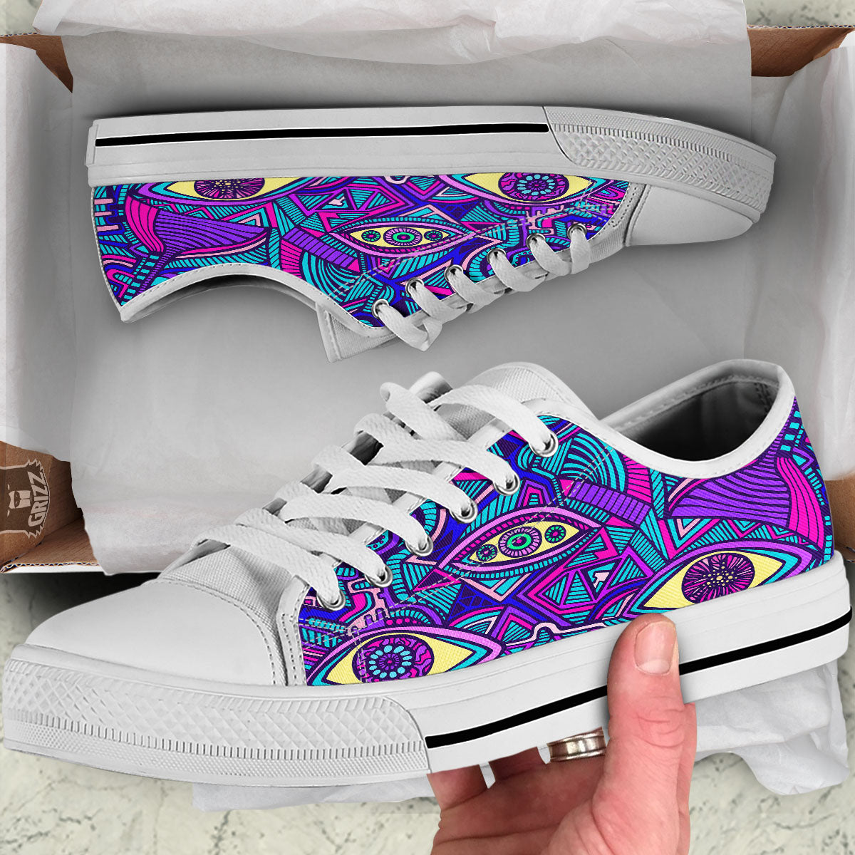 Trippy Ethnic Psychedelic Print White Low Top Shoes-grizzshop
