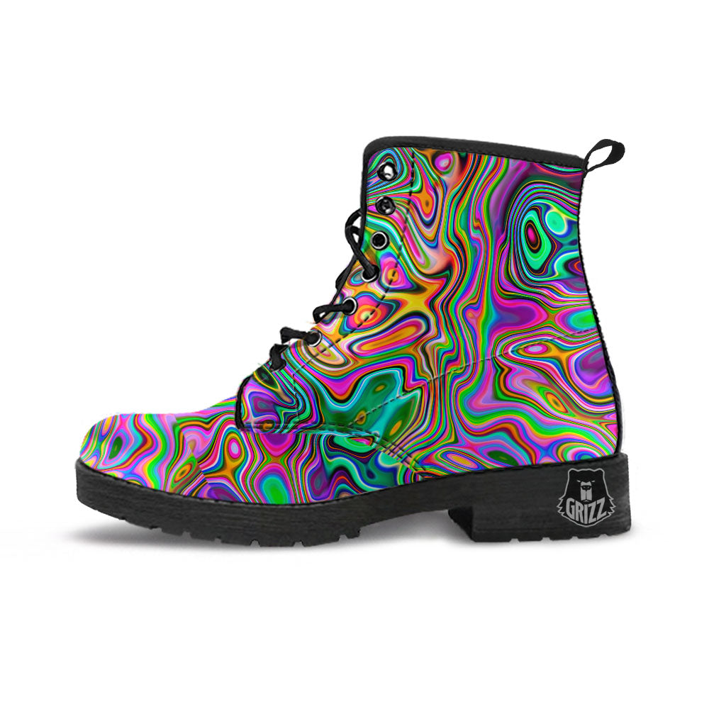 Trippy Liquid Holographic Print Leather Boots-grizzshop