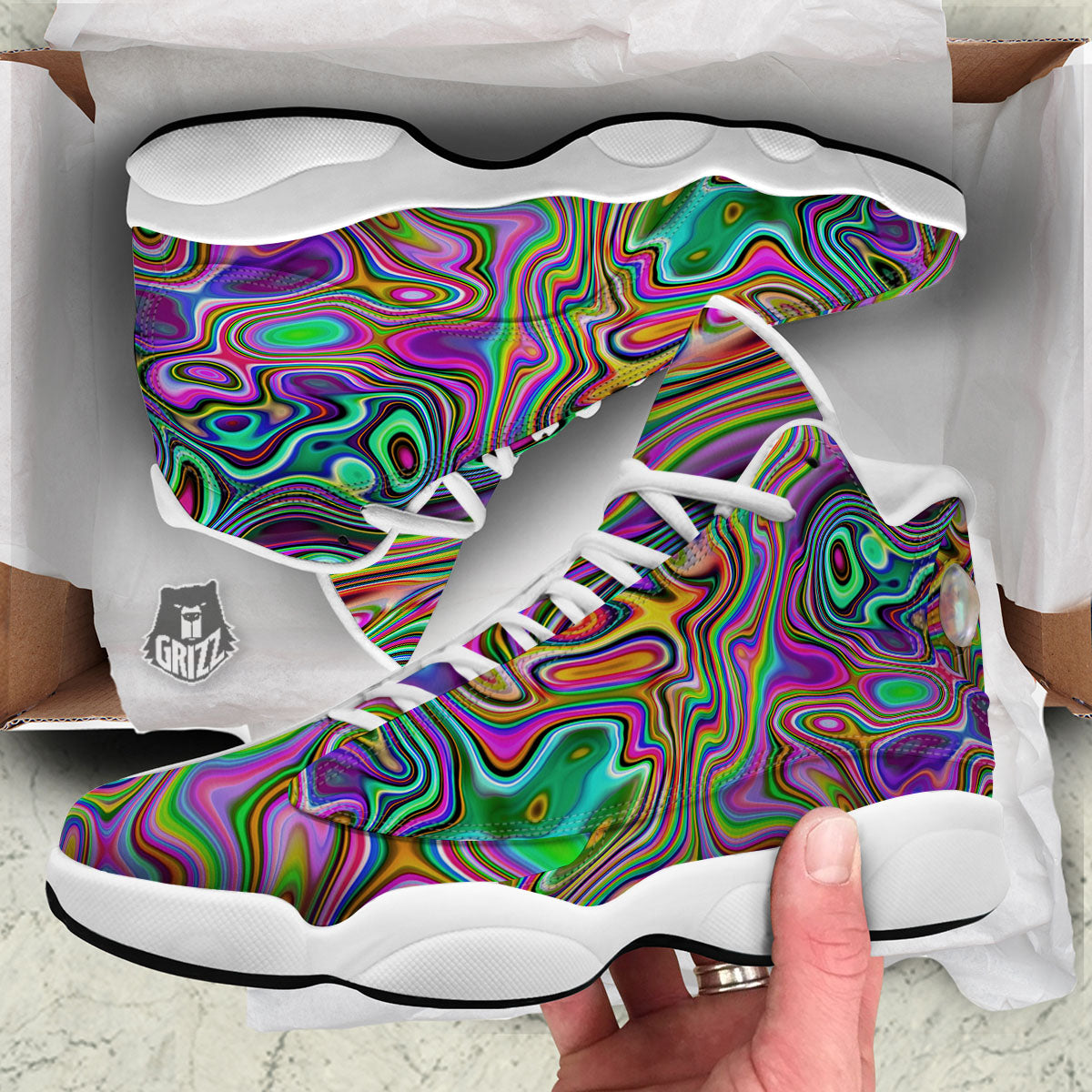 Trippy Liquid Holographic Print White Basketball Shoes-grizzshop