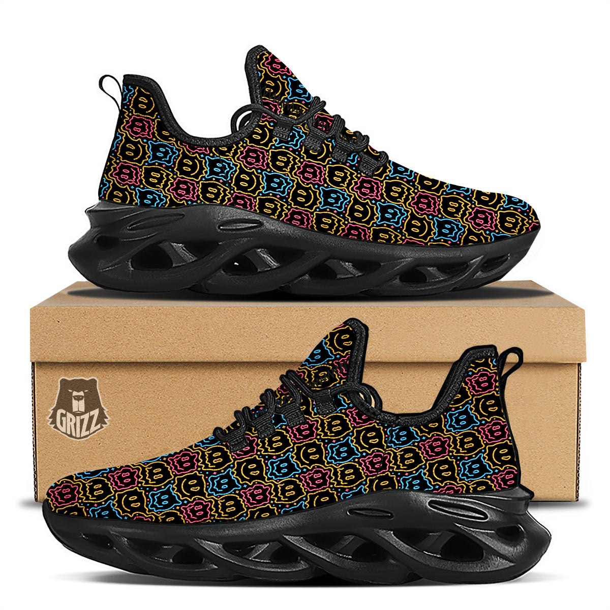 Trippy Neon Psychedelic Print Black Running Shoes-grizzshop