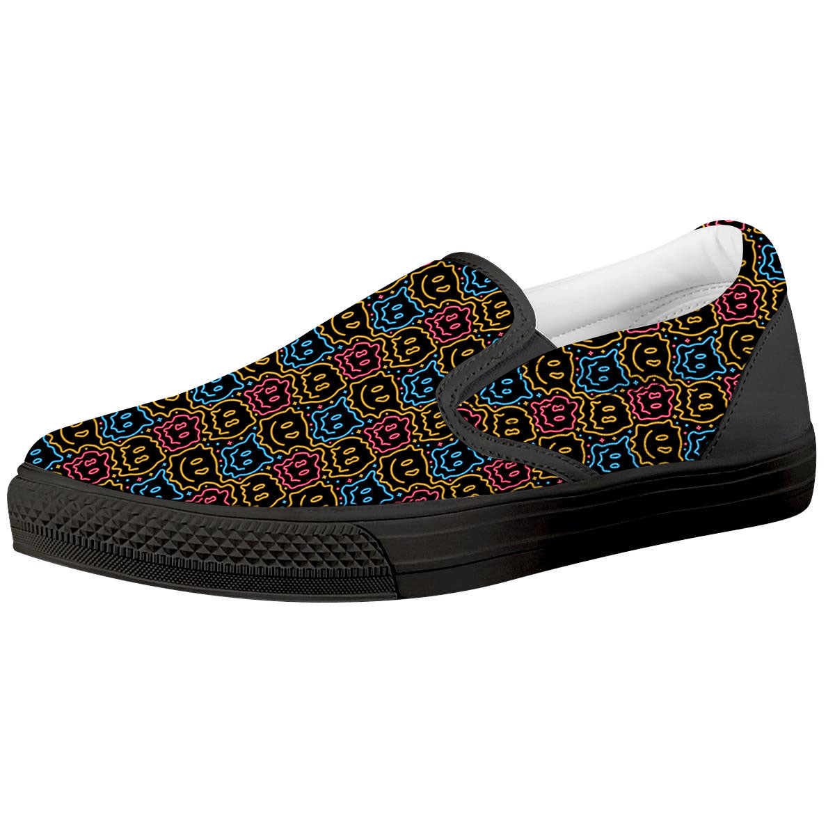Trippy Neon Psychedelic Print Black Slip On Shoes-grizzshop
