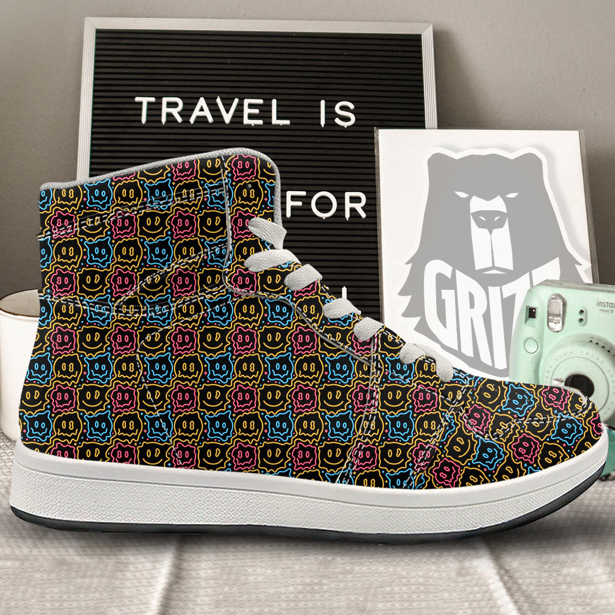 Trippy Neon Psychedelic Print High Top Sneakers-grizzshop