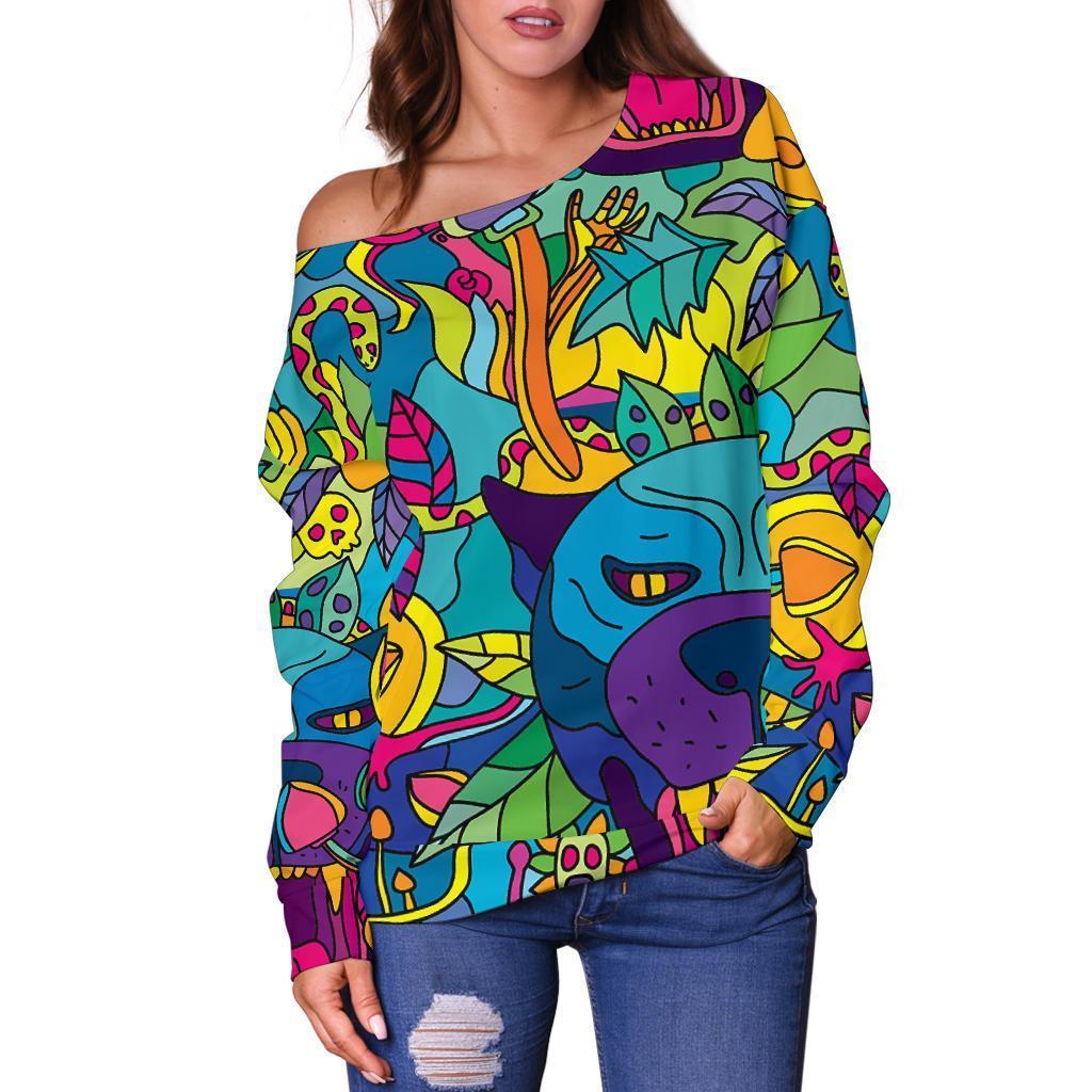 Trippy Pattern Print Women Off Shoulder Sweatshirt-grizzshop