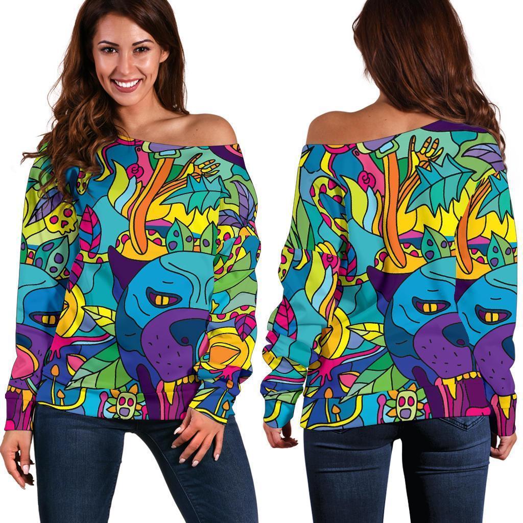 Trippy Pattern Print Women Off Shoulder Sweatshirt-grizzshop