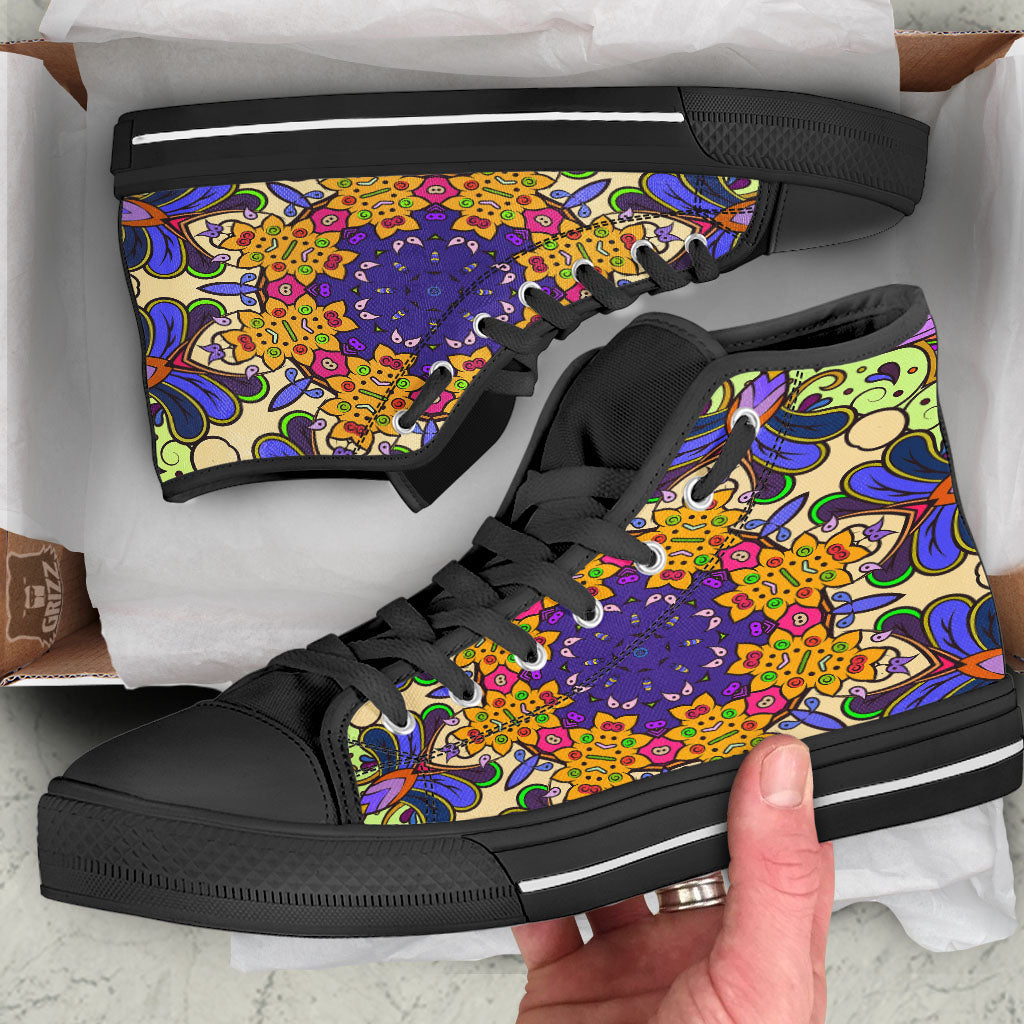 Trippy Psychedelic Ethnic Print Black High Top Shoes-grizzshop
