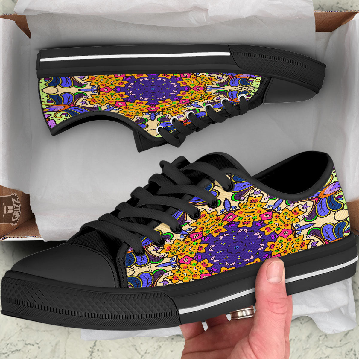 Trippy Psychedelic Ethnic Print Black Low Top Shoes-grizzshop