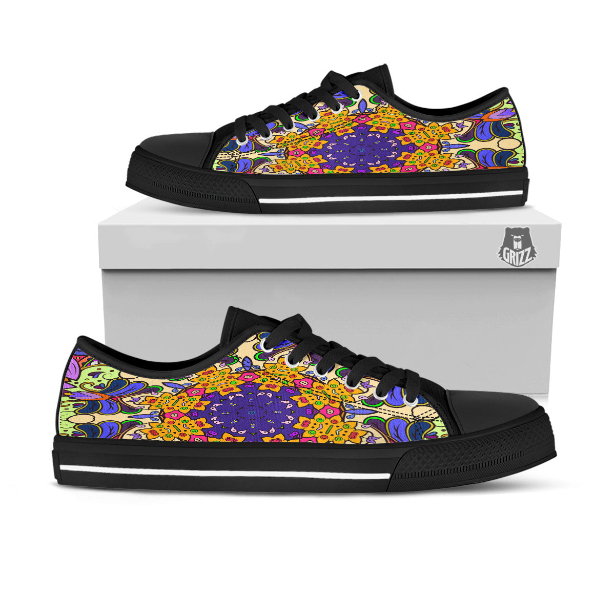 Trippy Psychedelic Ethnic Print Black Low Top Shoes-grizzshop