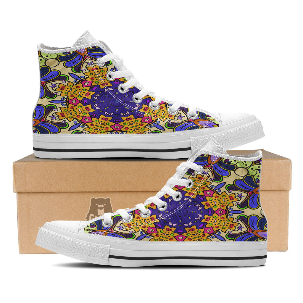 Trippy Psychedelic Ethnic Print White High Top Shoes-grizzshop