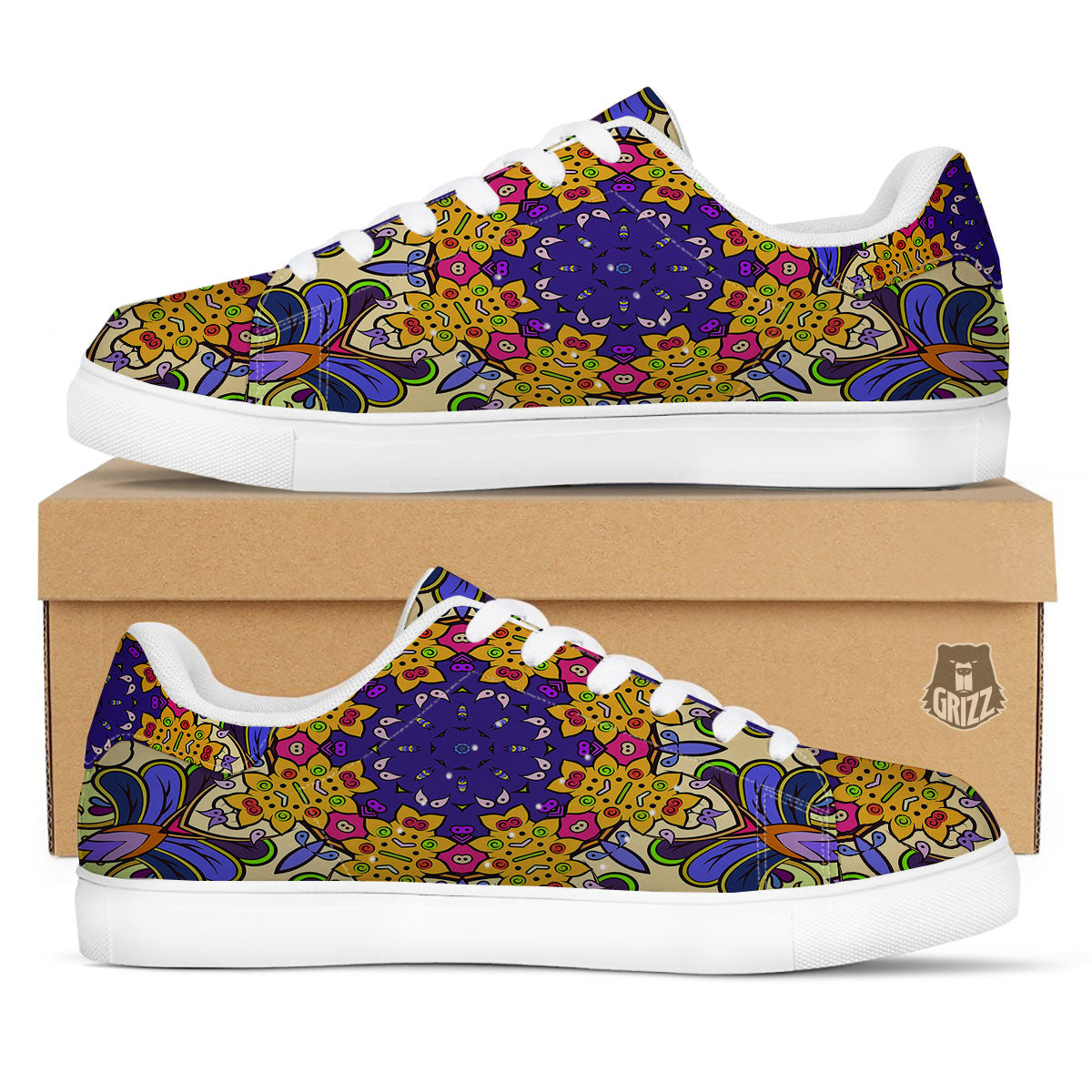 Trippy Psychedelic Ethnic Print White Low Top Sneakers-grizzshop