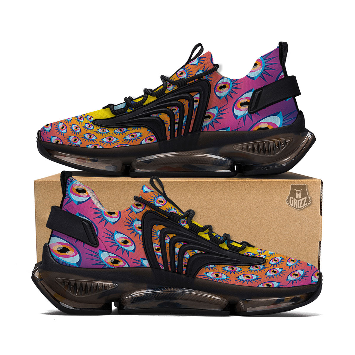 Trippy Psychedelic Eyes Print Black Gym Shoes-grizzshop