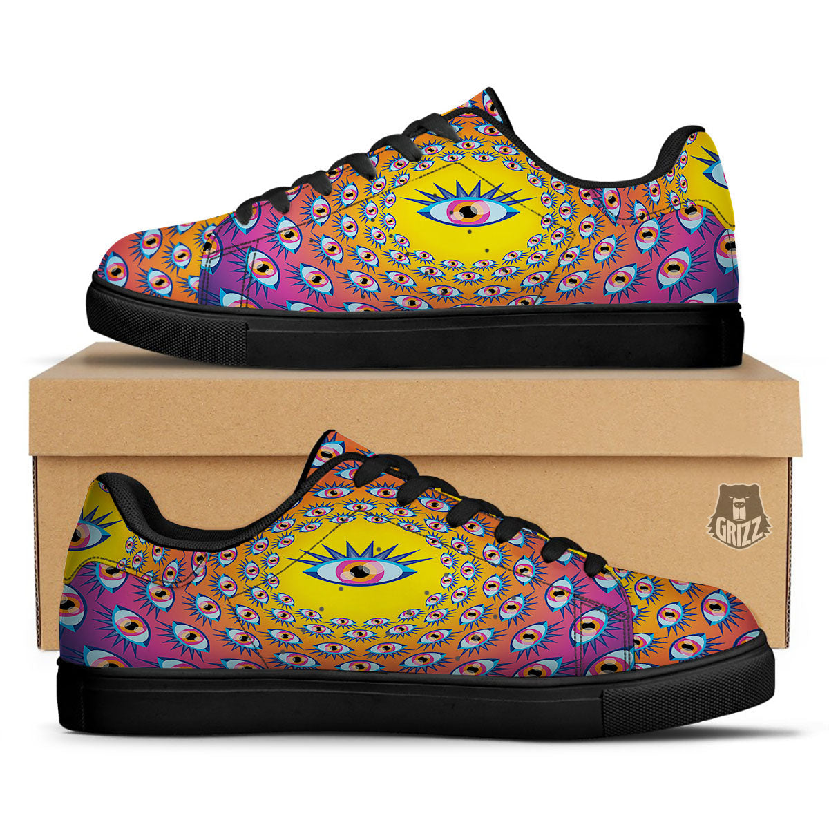 Trippy Psychedelic Eyes Print Black Low Top Sneakers-grizzshop