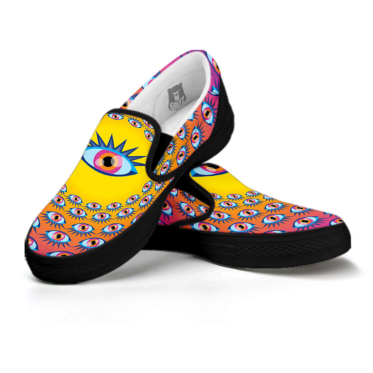 Trippy Psychedelic Eyes Print Black Slip On Shoes-grizzshop
