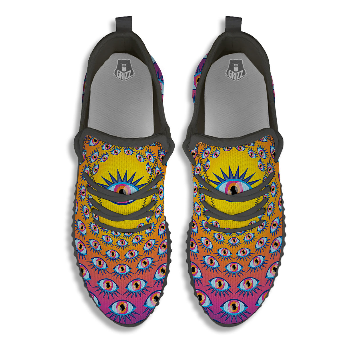 Trippy Psychedelic Eyes Print Black Walking Shoes-grizzshop