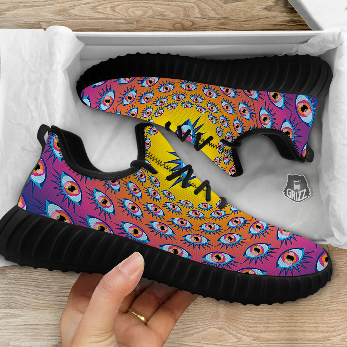 Trippy Psychedelic Eyes Print Black Walking Shoes-grizzshop