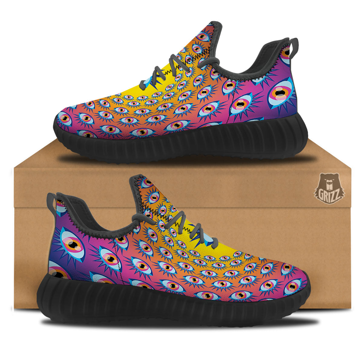 Trippy Psychedelic Eyes Print Black Walking Shoes-grizzshop