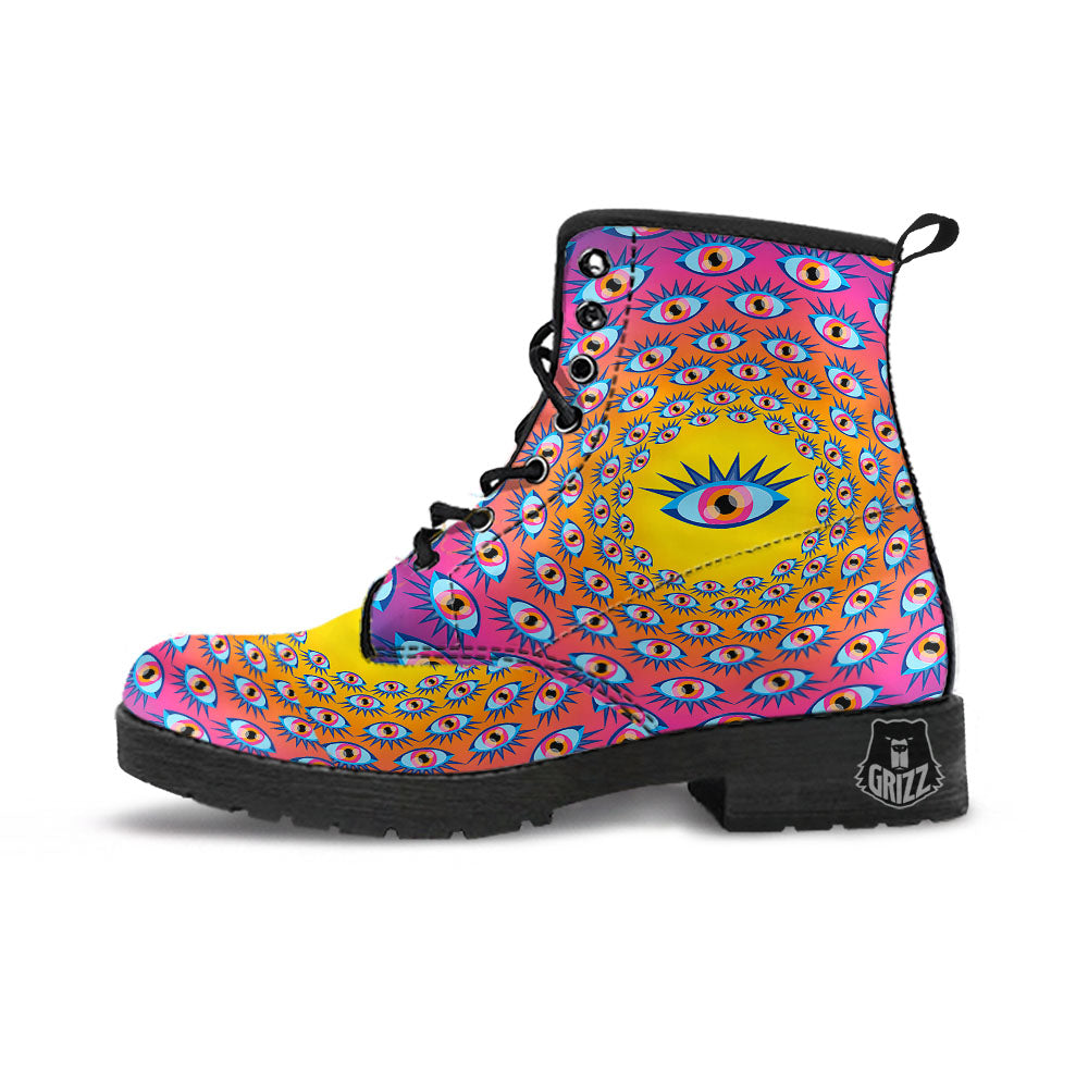 Trippy Psychedelic Eyes Print Leather Boots-grizzshop