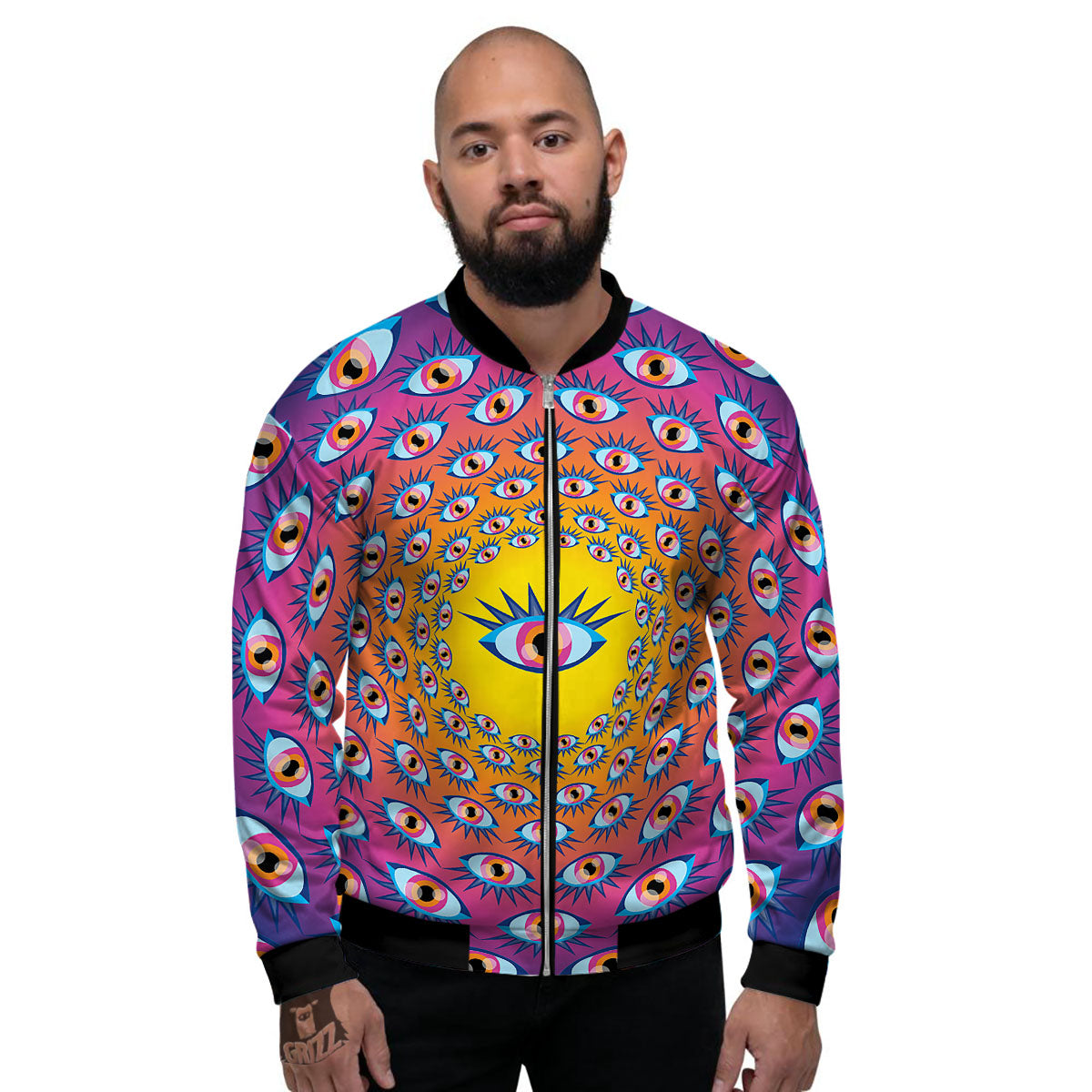 Trippy Psychedelic Eyes Print Men's Bomber Jacket-grizzshop