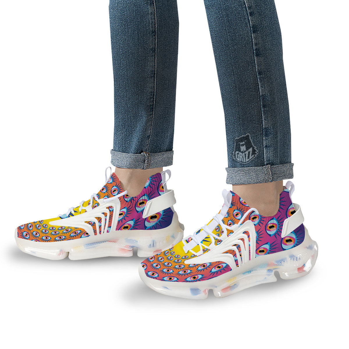 Trippy Psychedelic Eyes Print White Gym Shoes-grizzshop