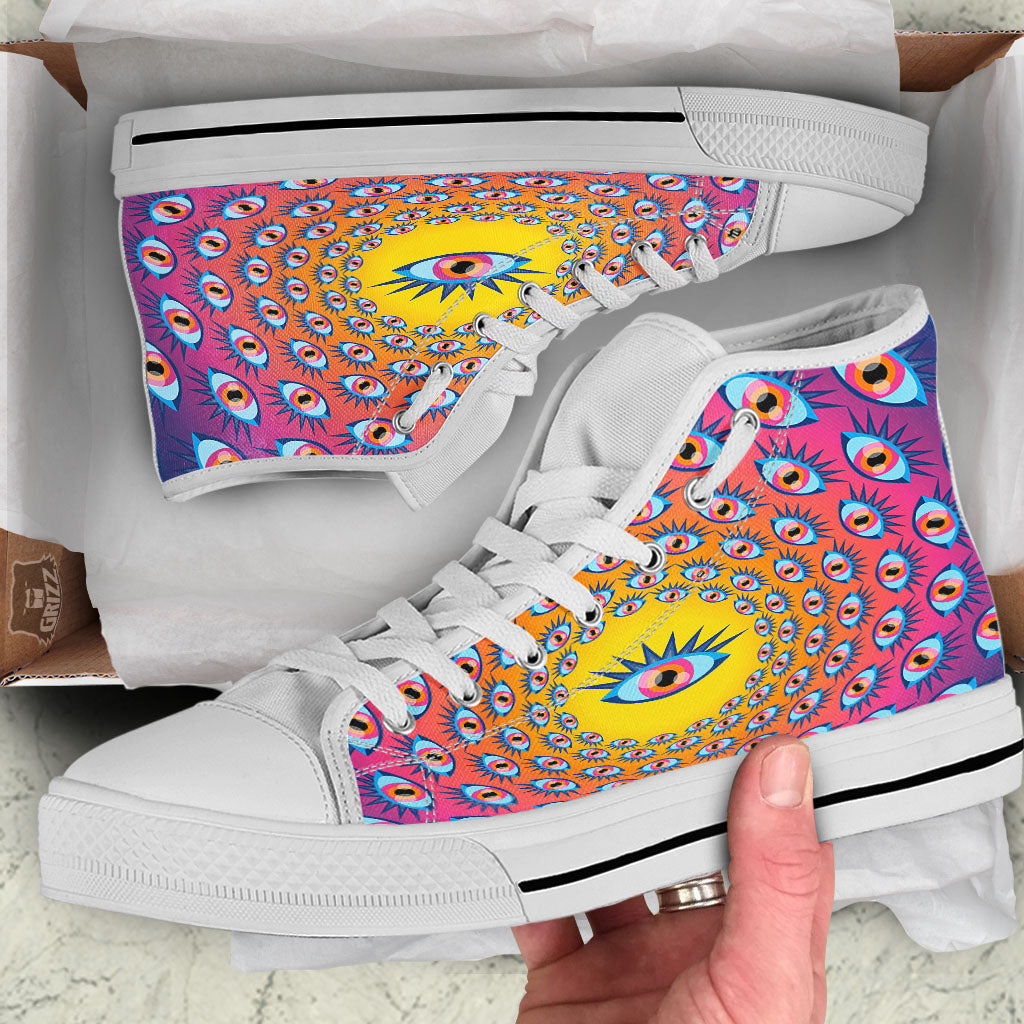 Trippy Psychedelic Eyes Print White High Top Shoes-grizzshop