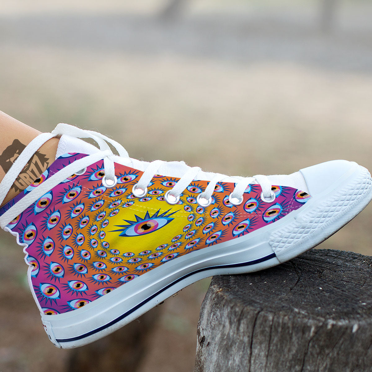 Trippy Psychedelic Eyes Print White High Top Shoes-grizzshop