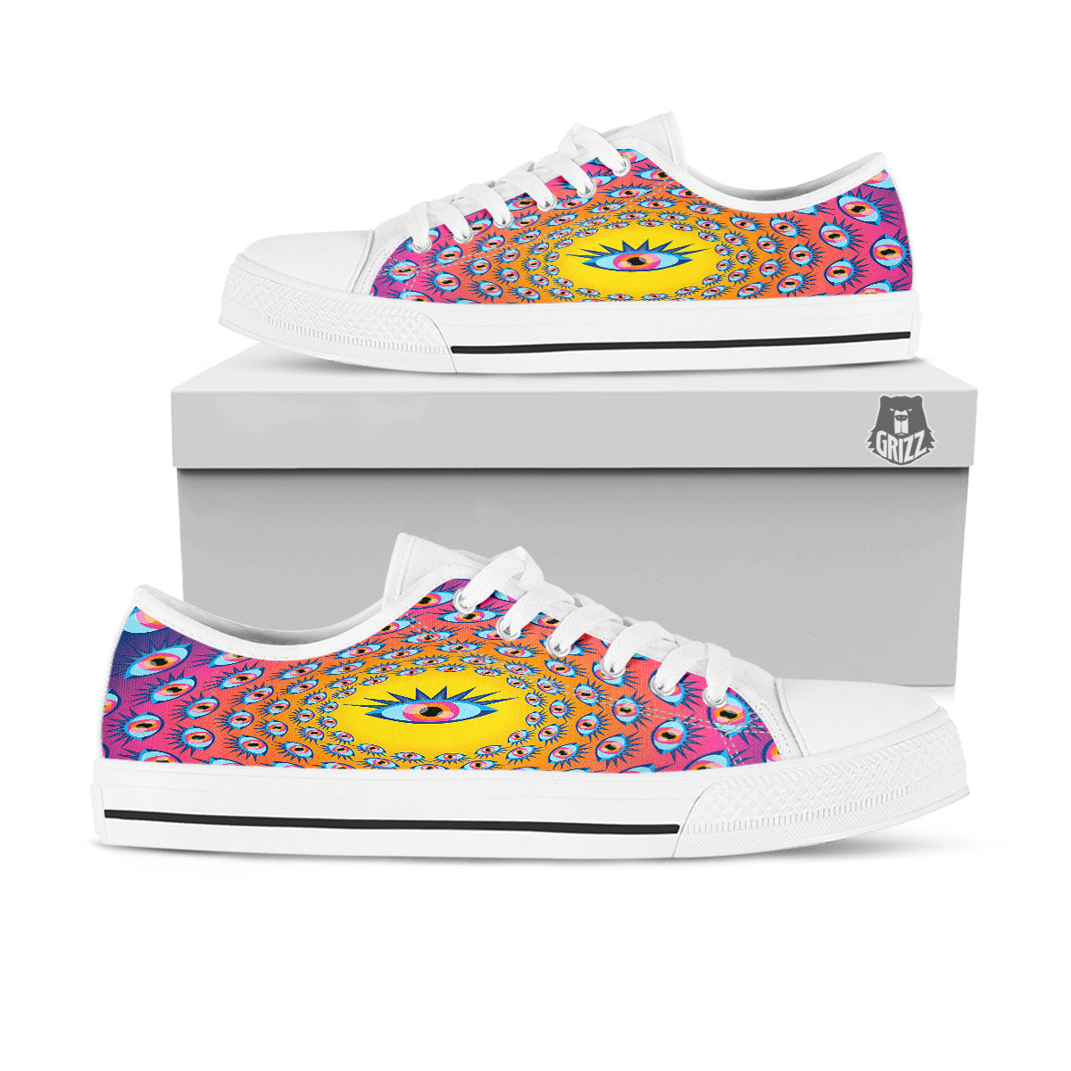 Trippy Psychedelic Eyes Print White Low Top Shoes-grizzshop