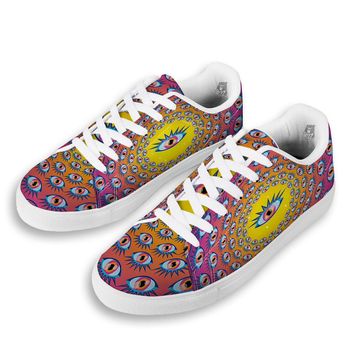 Trippy Psychedelic Eyes Print White Low Top Sneakers-grizzshop