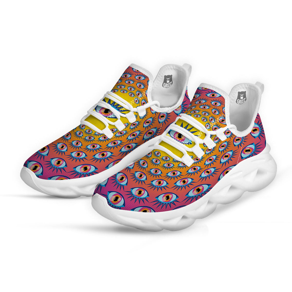 Trippy Psychedelic Eyes Print White Running Shoes-grizzshop