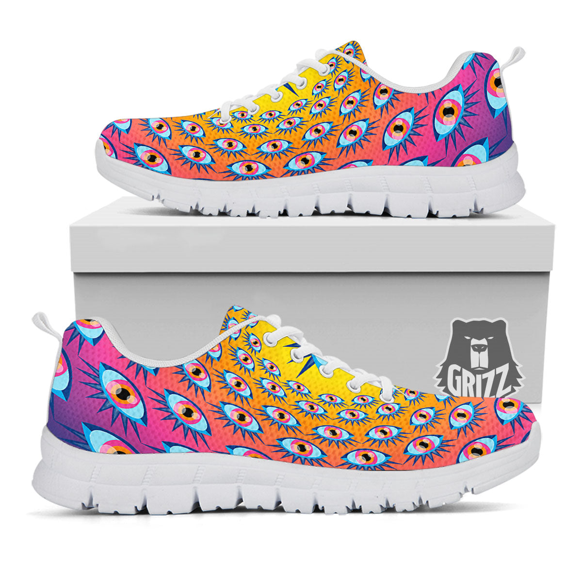 Trippy Psychedelic Eyes Print White Sneaker-grizzshop