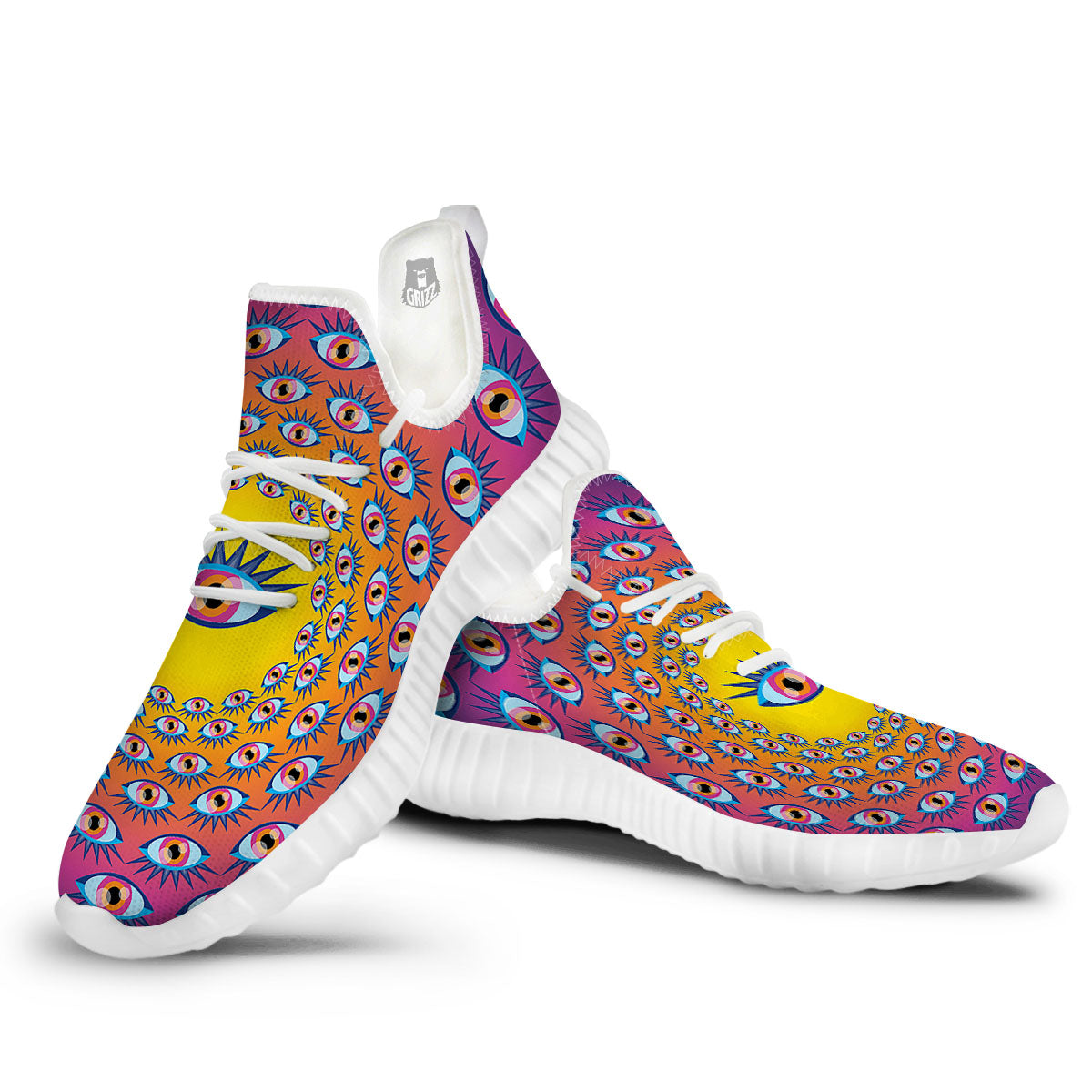 Trippy Psychedelic Eyes Print White Walking Shoes-grizzshop