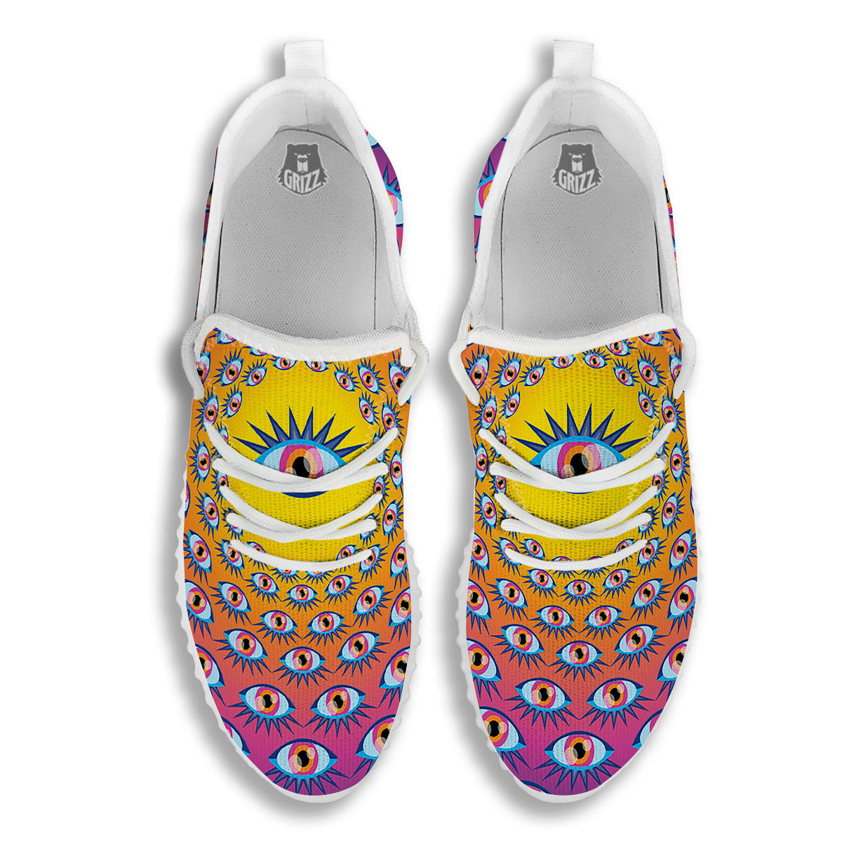 Trippy Psychedelic Eyes Print White Walking Shoes-grizzshop