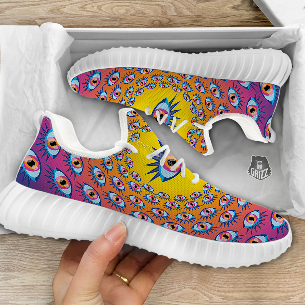 Trippy Psychedelic Eyes Print White Walking Shoes-grizzshop