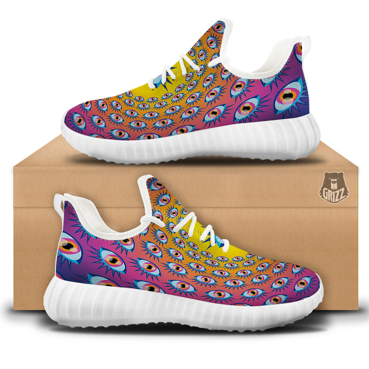 Trippy Psychedelic Eyes Print White Walking Shoes-grizzshop