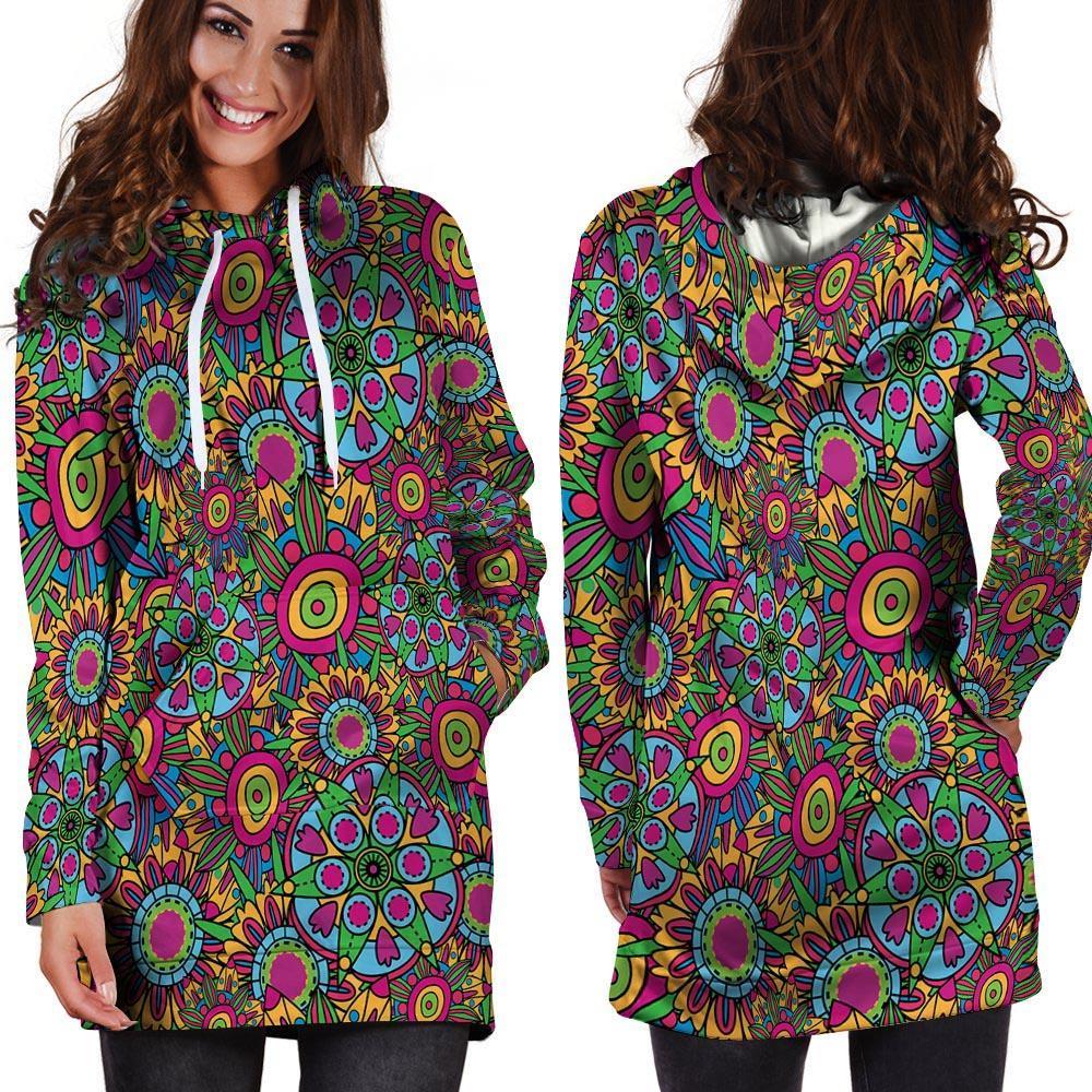 Trippy Psychedelic Floral Hoodie Dress-grizzshop