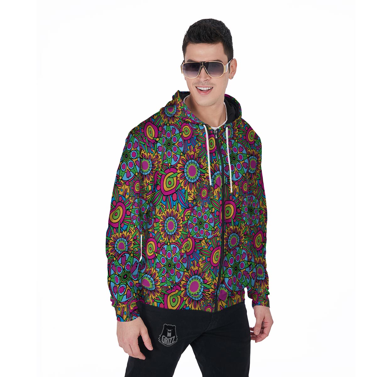 Trippy Psychedelic Floral Men's Zip Up Hoodie-grizzshop