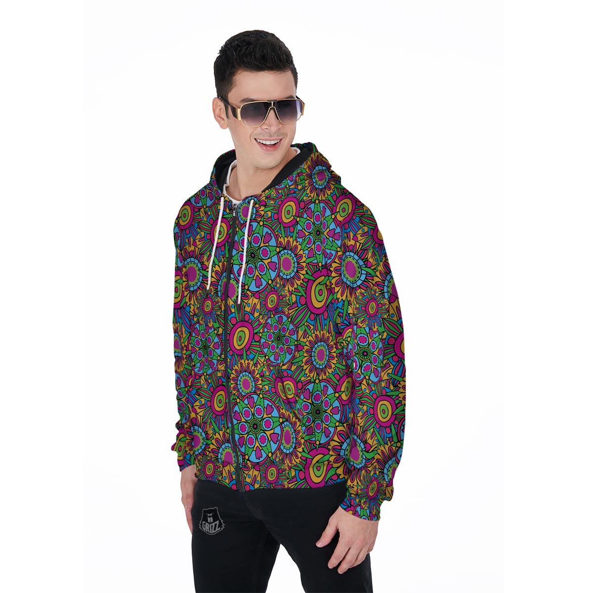 Trippy Psychedelic Floral Men's Zip Up Hoodie-grizzshop