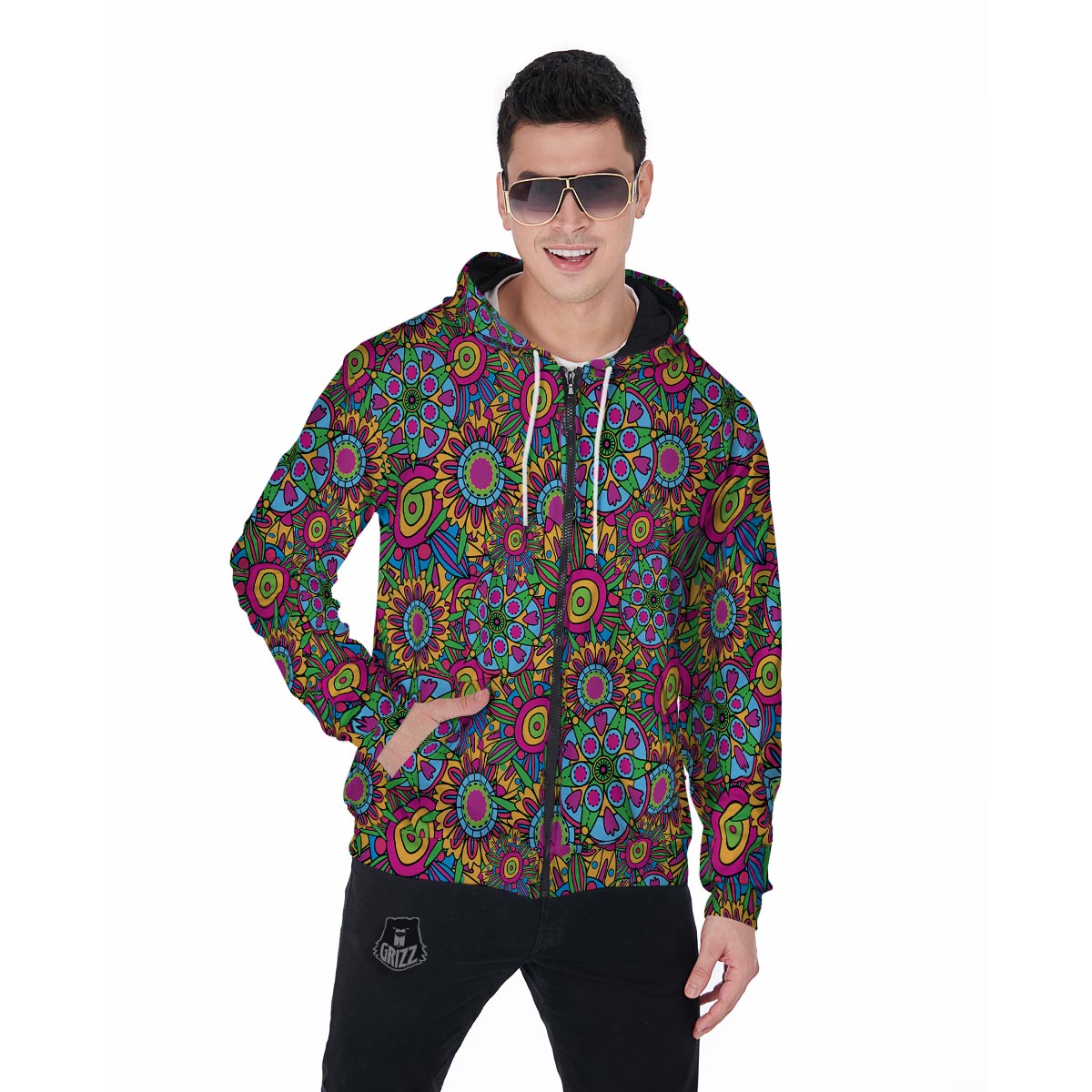 Trippy Psychedelic Floral Men's Zip Up Hoodie-grizzshop
