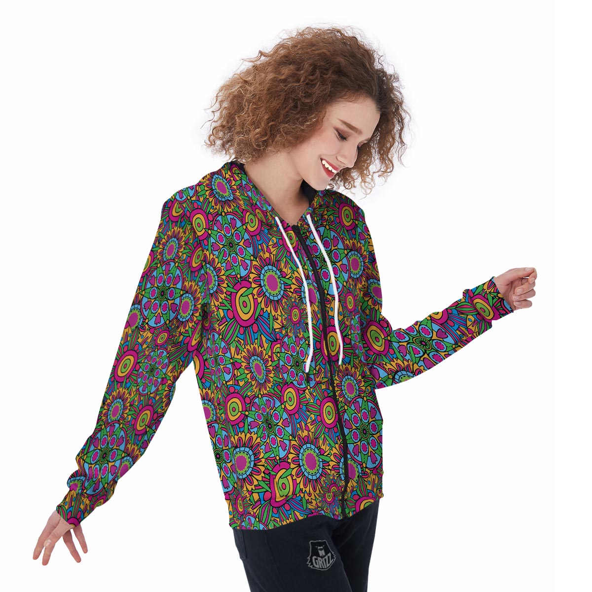 Trippy Psychedelic Floral Women's Zip Up Hoodie-grizzshop