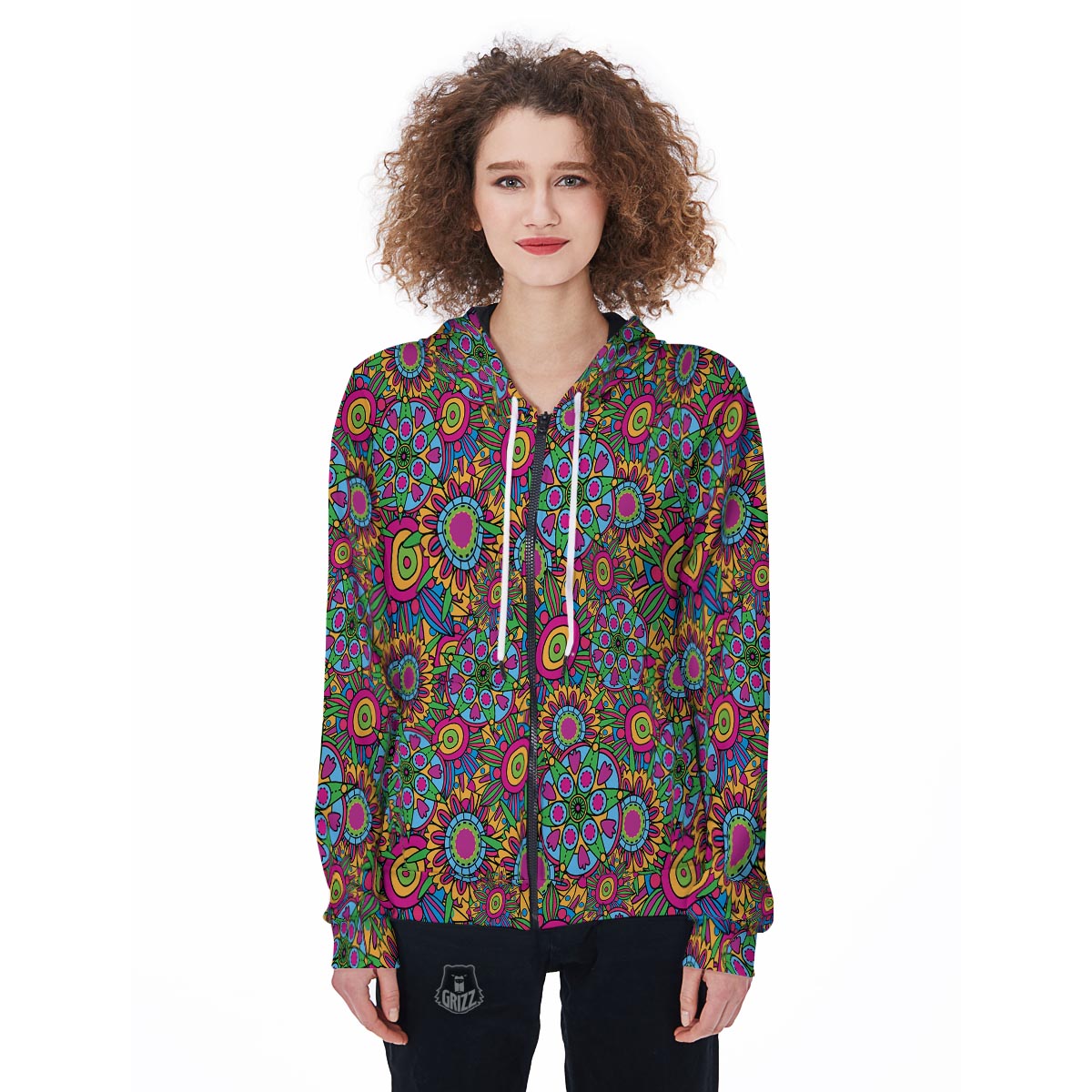 Trippy Psychedelic Floral Women's Zip Up Hoodie-grizzshop
